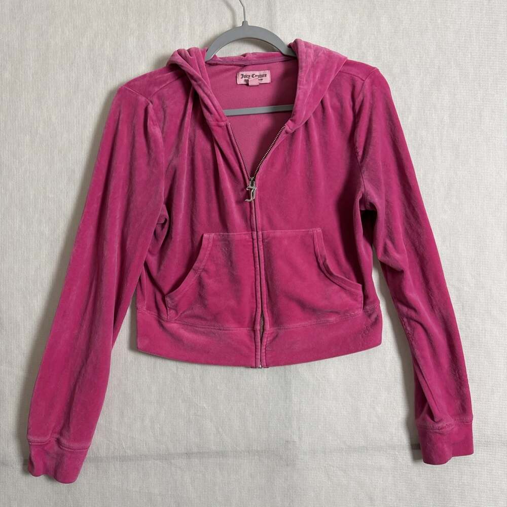 Juicy Couture Women's Medium Pink Velvet Hooded Rhinestone Cropped Y2K Jacket